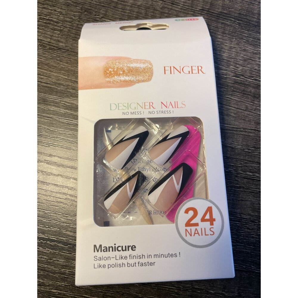 24pcs nail art nails press on medium length nude black and white